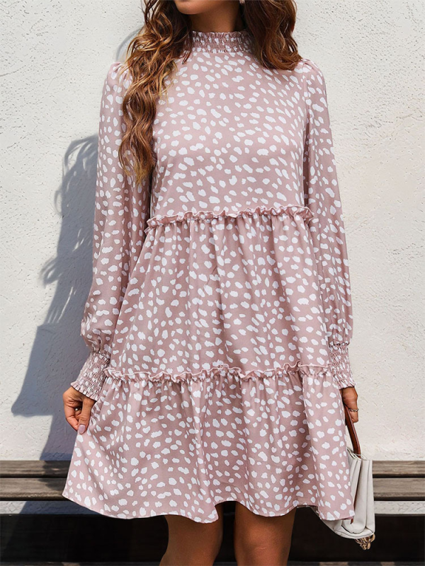 Women’s small stand collar leopard print long sleeve loose dress