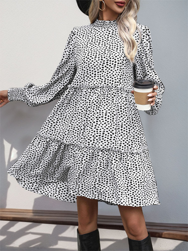 Women’s small stand collar leopard print long sleeve loose dress