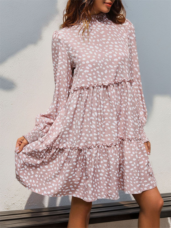 Women’s small stand collar leopard print long sleeve loose dress
