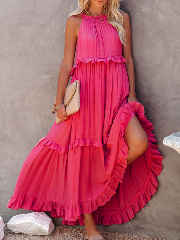 Women’s Solid Color A-Line Sleeveless Long Dress - Pink / S