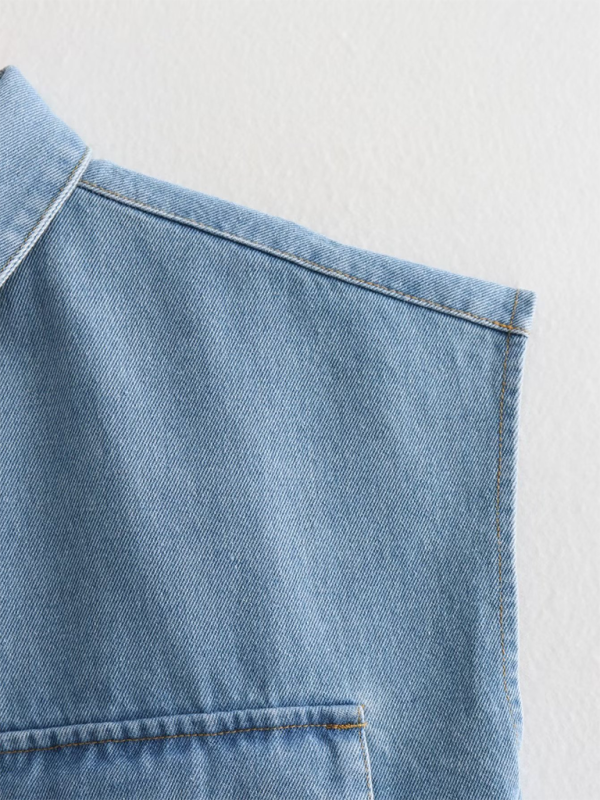 Women’s Solid Color Big Pocket Sleeveless Lapel Shirt Denim Top