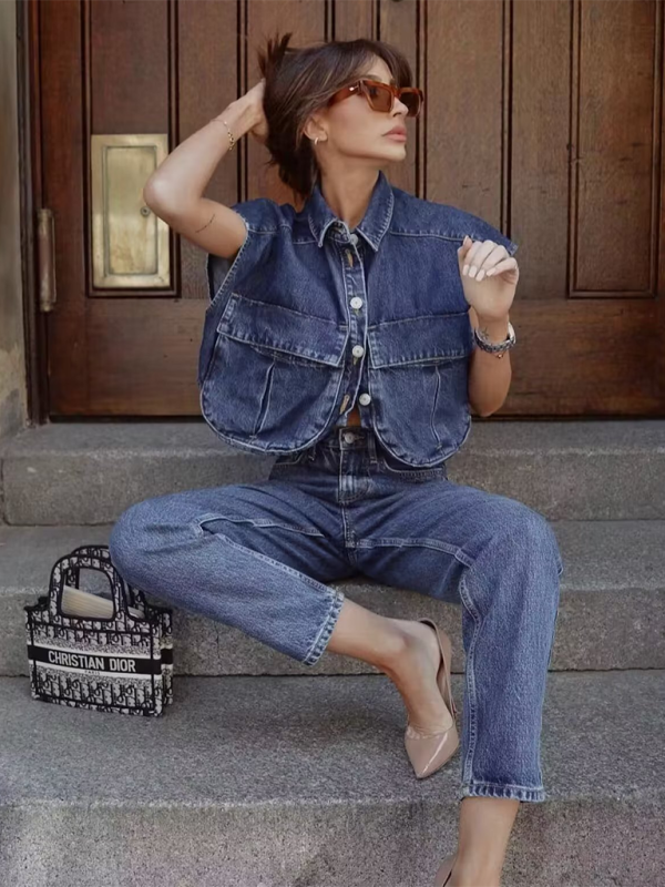 Women’s Solid Color Big Pocket Sleeveless Lapel Shirt Denim Top