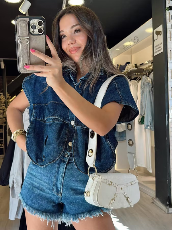 Women’s Solid Color Big Pocket Sleeveless Lapel Shirt Denim Top