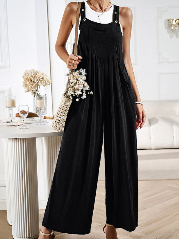 Women’s solid color casual all-match loose wide-leg jumpsuit - Black / S