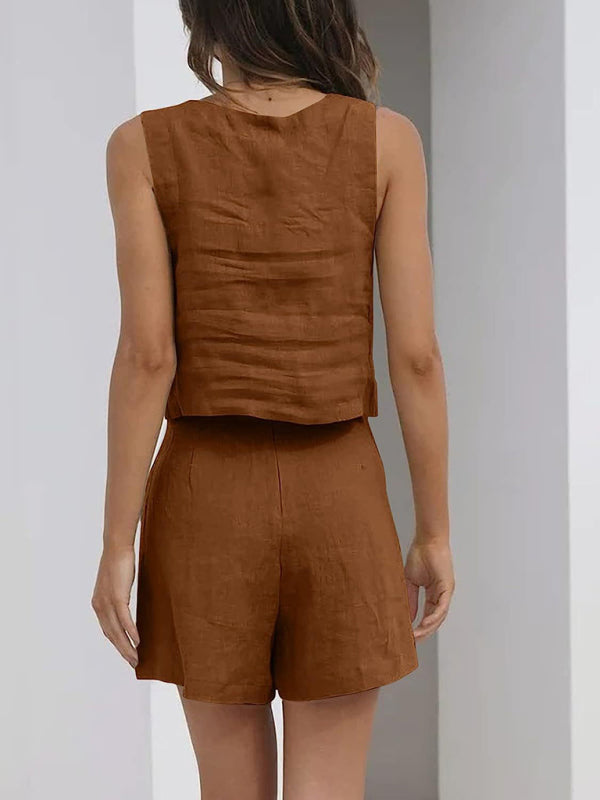 Women’s Solid Color Casual Cotton Linen Sleeveless Square Neck Top + Shorts Two-Piece Set