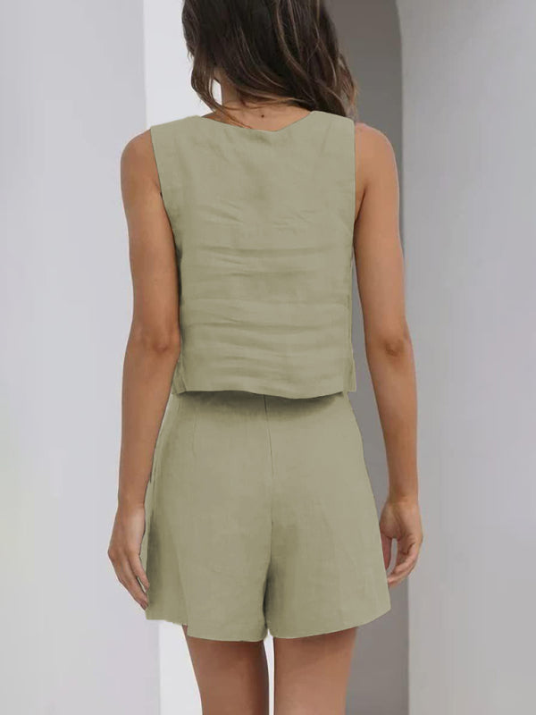 Women’s Solid Color Casual Cotton Linen Sleeveless Square Neck Top + Shorts Two-Piece Set