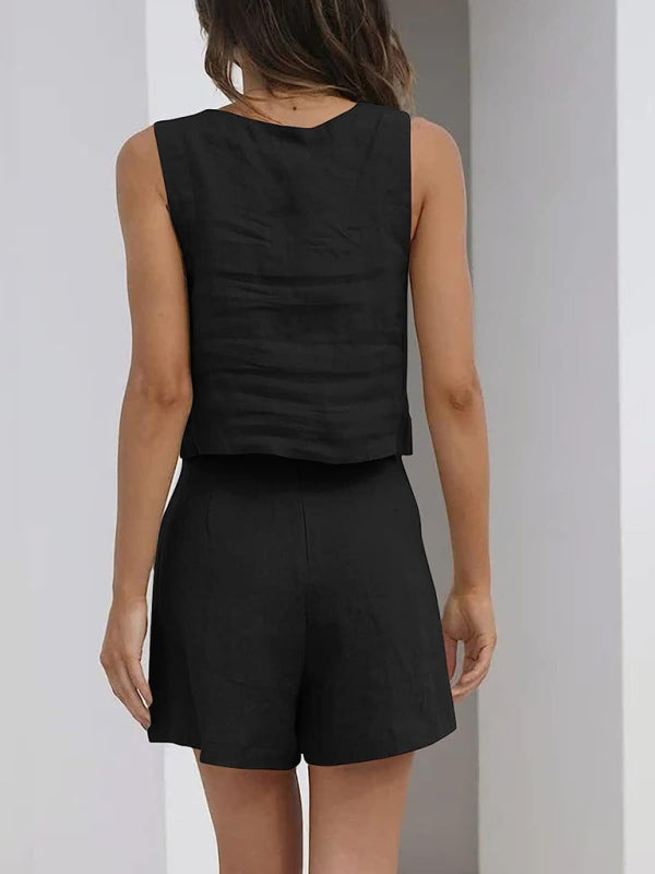 Women’s Solid Color Casual Cotton Linen Sleeveless Square Neck Top + Shorts Two-Piece Set
