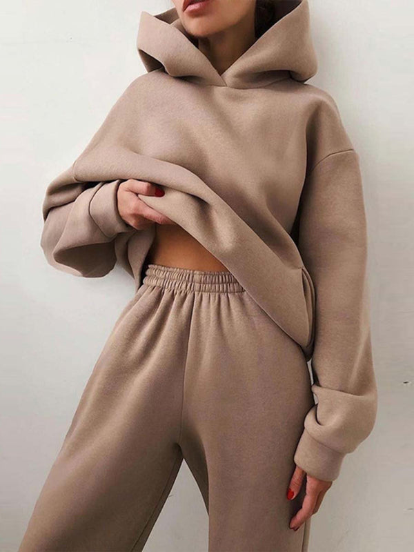 Women’s solid color casual fashion trousers thickened long-sleeved hooded set