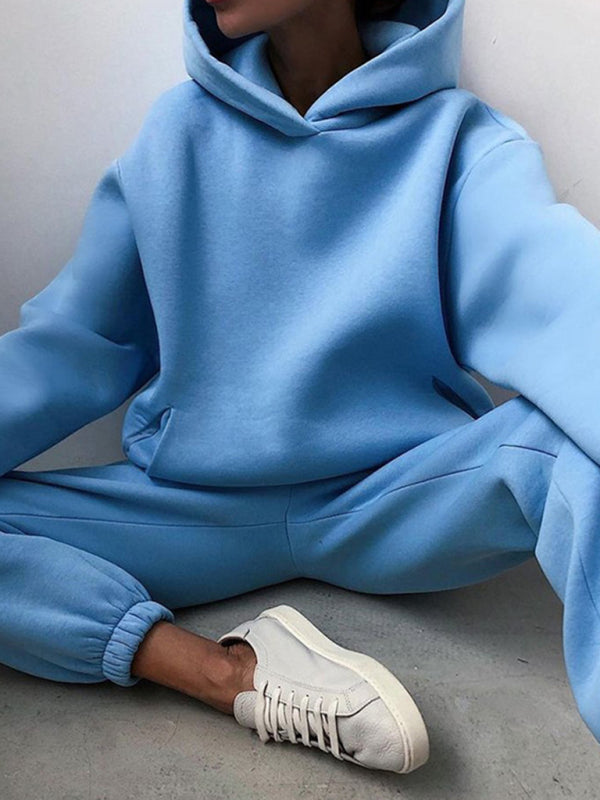 Women’s solid color casual fashion trousers thickened long-sleeved hooded set - Blue / S