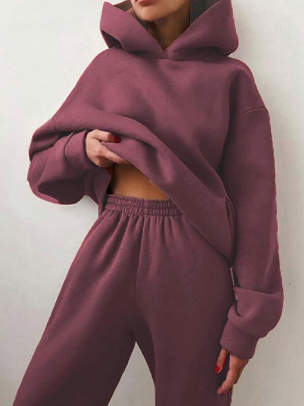 Women’s solid color casual fashion trousers thickened long-sleeved hooded set - Brown / S