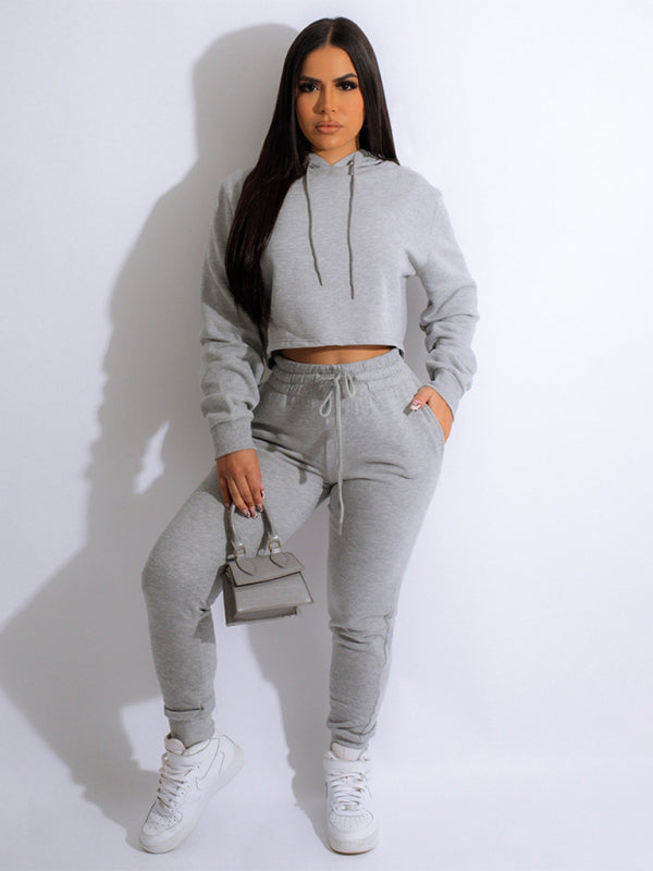 Women’s solid color casual hooded sweatshirt suits - Grey / 3XL
