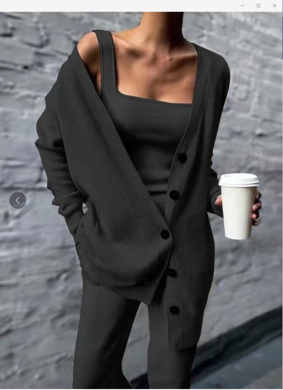 Women’s solid color casual knitted three-piece suit - Black / S