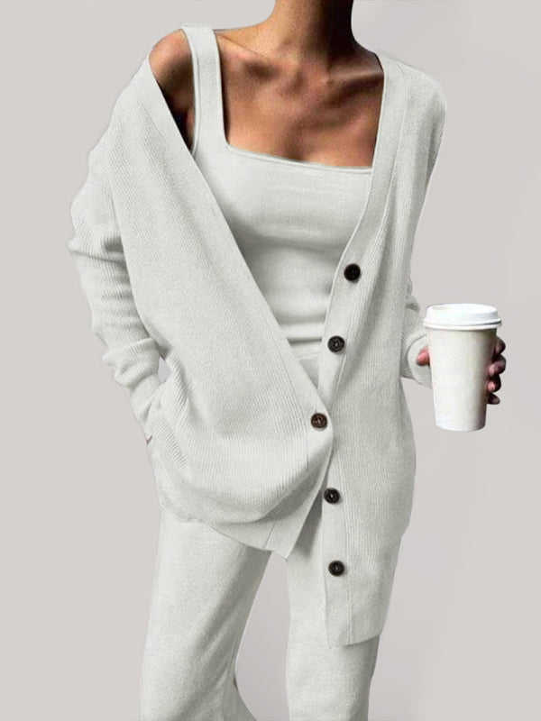 Women’s solid color casual knitted three-piece suit - Khaki / S