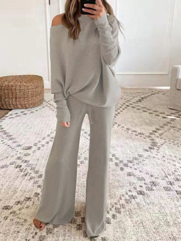Women’s Solid Color Casual Solid Color Off Shoulder Knit Suit - Khaki / S