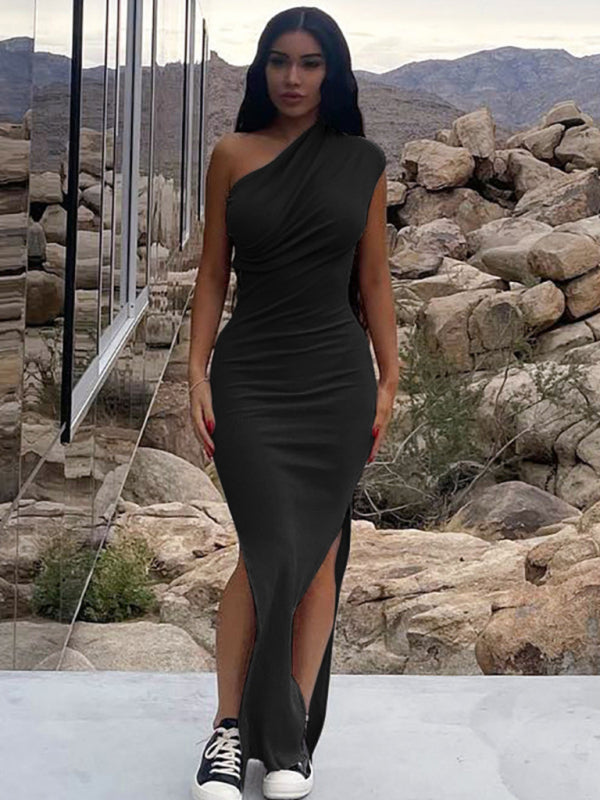 Women’s Solid Color Casual Pleated Shoulder Slit Slim Long Dress - Black / S