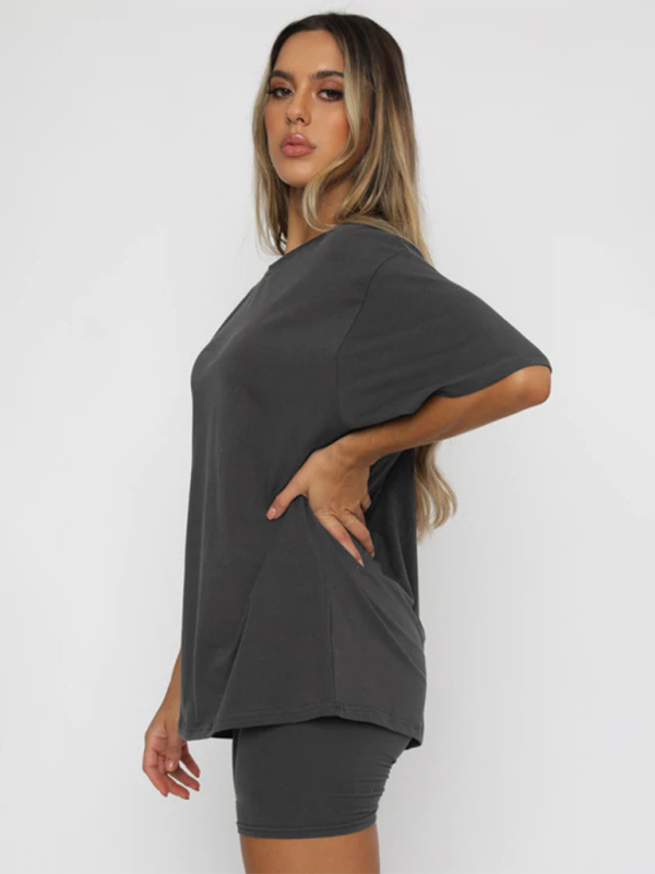 Women’s solid color casual short-sleeved + shorts two-piece sets