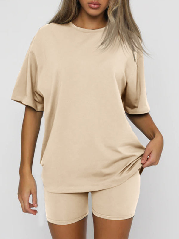 Women’s solid color casual short-sleeved + shorts two-piece sets - Khaki / S