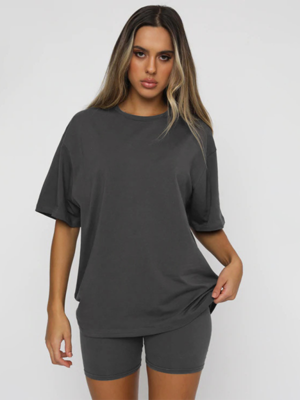 Women’s solid color casual short-sleeved + shorts two-piece sets - Grey / S