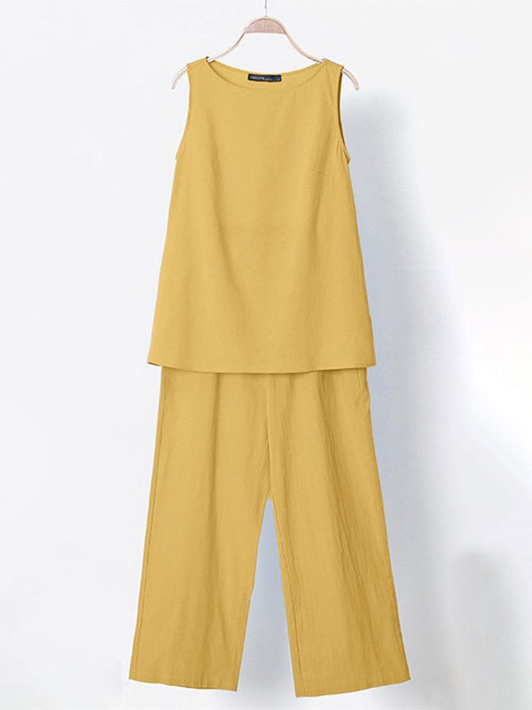 Women’s Solid Color Cotton Linen Sleeveless Top + Wide-leg Pants Two-Piece Suit