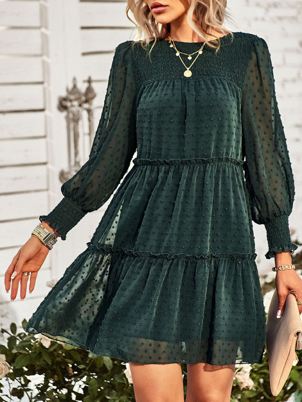 Women’s Solid Color Elegant Jacquard Dress - Green / S