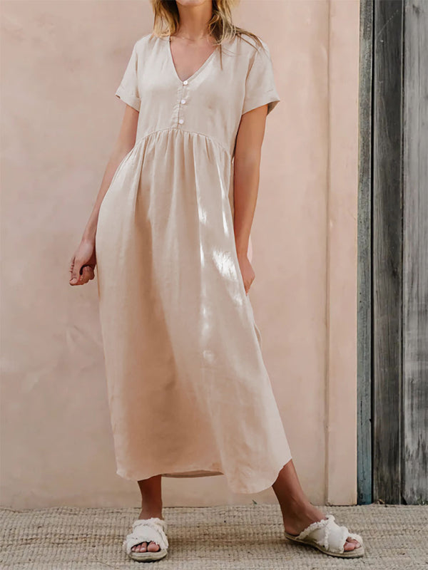 Women’s Solid Color Elegant Loose Dress - Cracker khaki / S