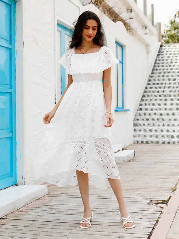 Women’s Solid Color Lace Off Shoulder Long Dress - White / S