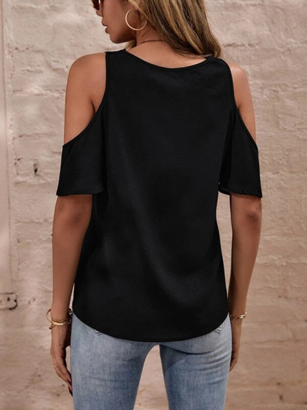 Women’s Solid color lace-trimmed V-neck off-the-shoulder short-sleeved top