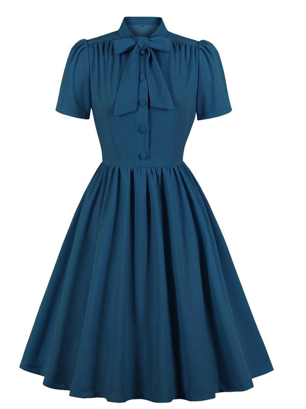 Women’s solid color lace-up swing dress - Acid blue / S