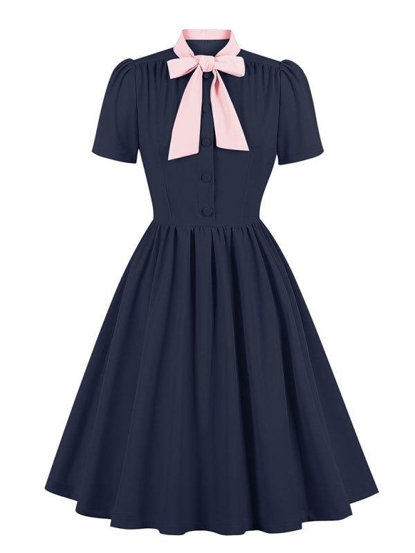 Women’s solid color lace-up swing dress - Pattern1 / S
