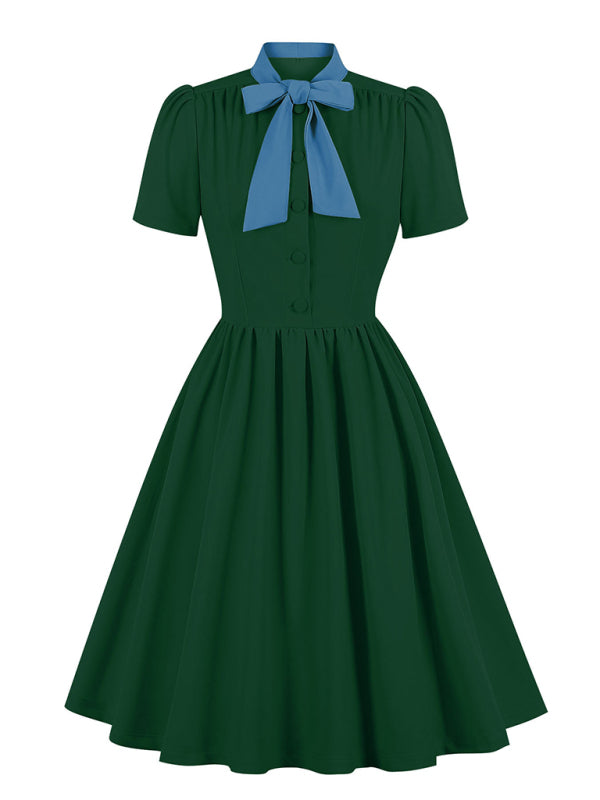 Women’s solid color lace-up swing dress - Pattern3 / S