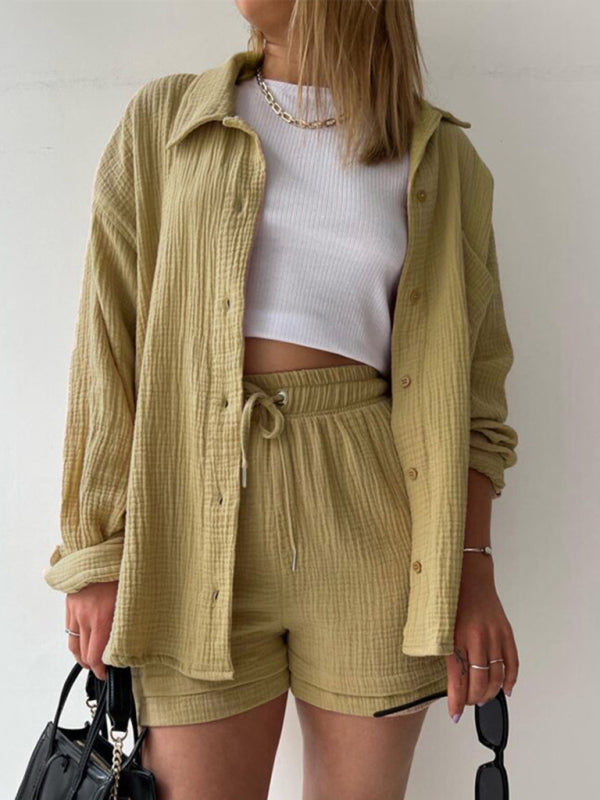 Women’s solid color lapel collar shirt & shorts two-piece sets - Khaki / S