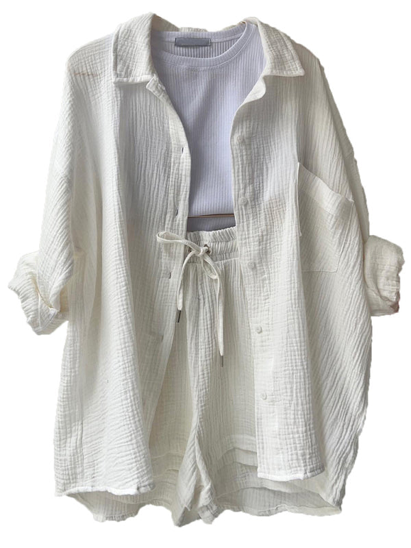 Women’s solid color lapel collar shirt & shorts two-piece sets - White / S