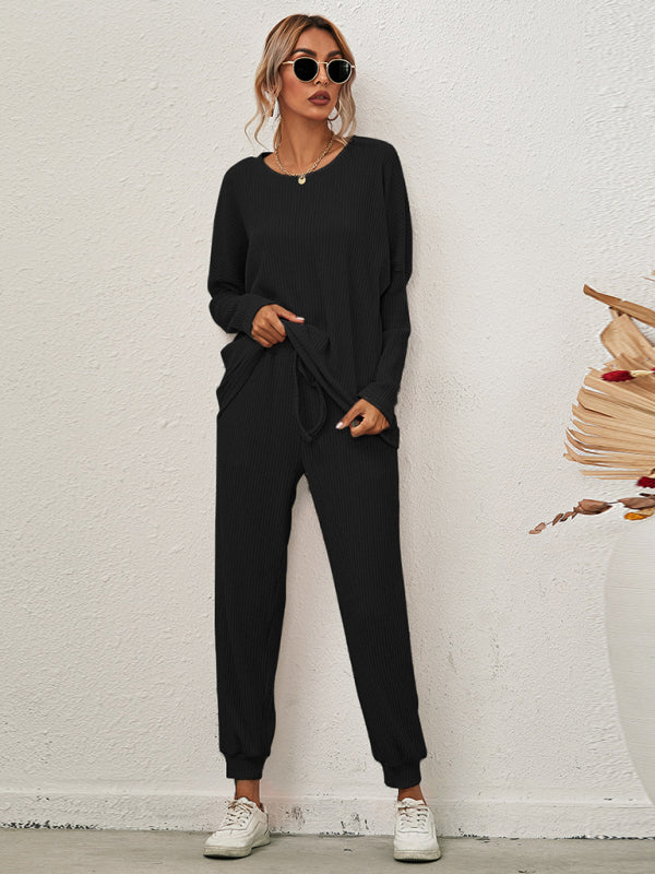 Women’s Solid Color Long Sleeve Loose Casual Suit - Black / S