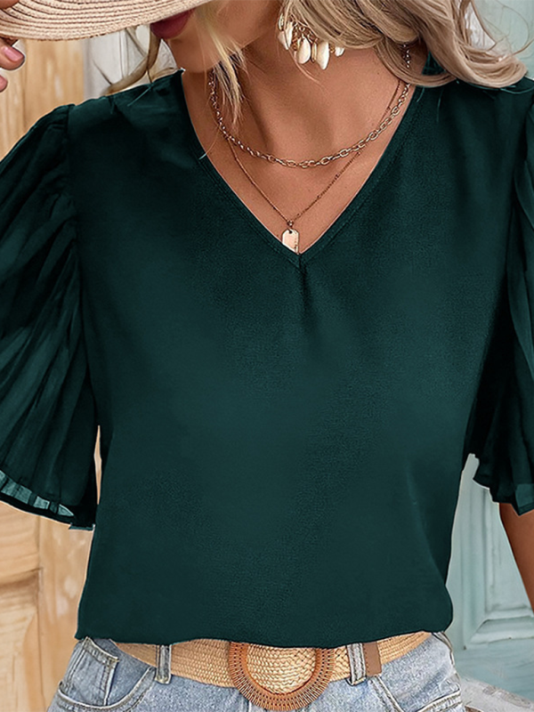 Women’s solid color pleated short sleeve shirt
