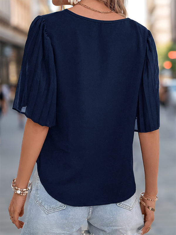 Women’s solid color pleated short sleeve shirt