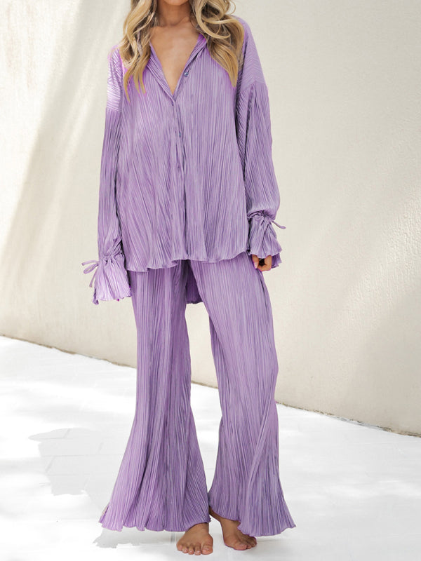 Women’s Solid Color Pressed Pleated Long Sleeve Cardigan Shirt Slit Top Trousers Two-Piece Set - Purple grey / S