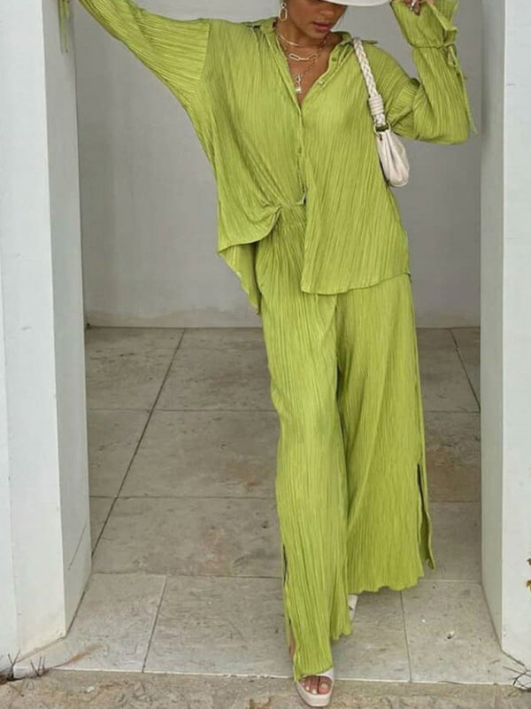 Women’s Solid Color Pressed Pleated Long Sleeve Cardigan Shirt Slit Top Trousers Two-Piece Set