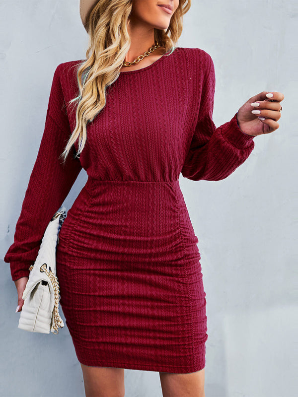 Women’s Solid Color Round Neck Drop Shoulder Sleeve Dress