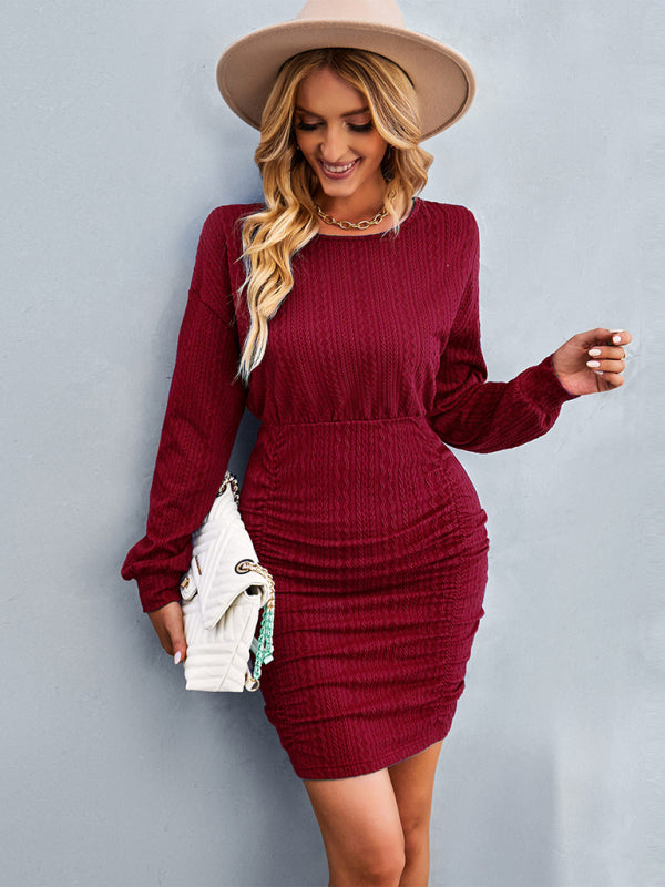 Women’s Solid Color Round Neck Drop Shoulder Sleeve Dress - Wine Red / S