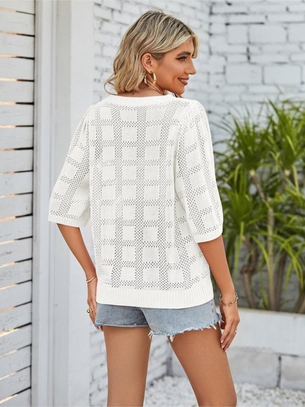 Women’s Solid Color Round Neck Hollow Sunscreen Knitted Sweater Sweater