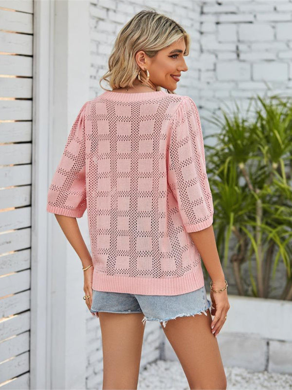 Women’s Solid Color Round Neck Hollow Sunscreen Knitted Sweater Sweater