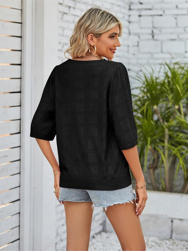 Women’s Solid Color Round Neck Hollow Sunscreen Knitted Sweater Sweater