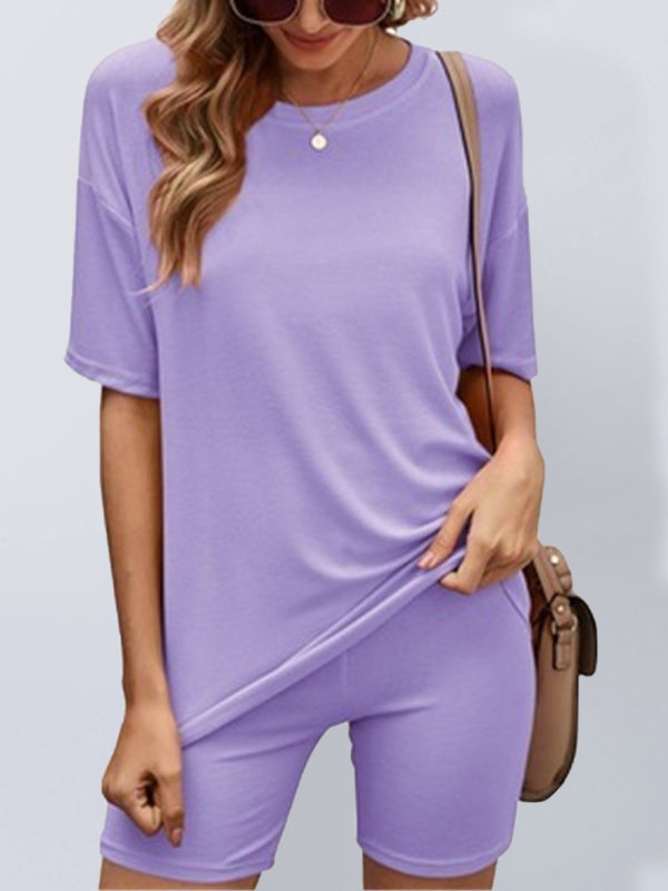 Women’s solid color short-sleeved shorts with shorts casual home two-piece set - Purple / S