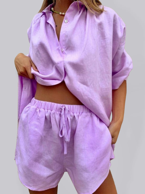 Women’s Solid Color Single Breasted Short Sleeve Shirt Shorts Loose Fashion Casual Suit - Purple / S