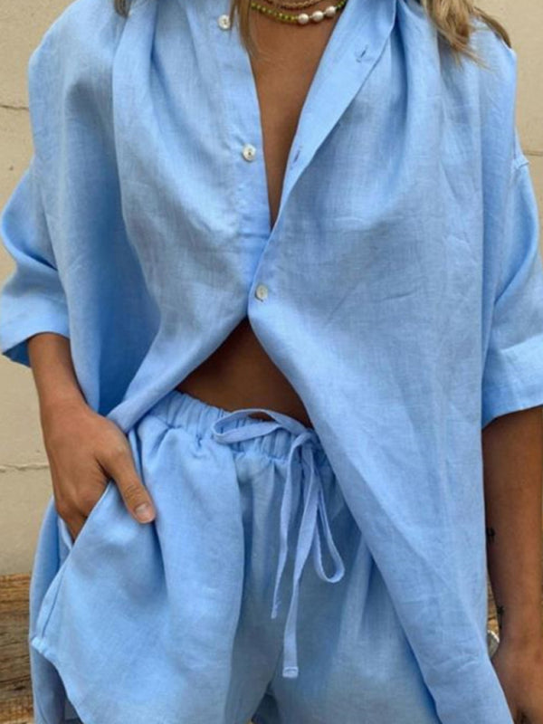Women’s Solid Color Single Breasted Short Sleeve Shirt Shorts Loose Fashion Casual Suit - Blue / S