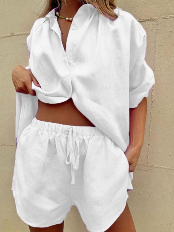 Women’s Solid Color Single Breasted Short Sleeve Shirt Shorts Loose Fashion Casual Suit - White / S