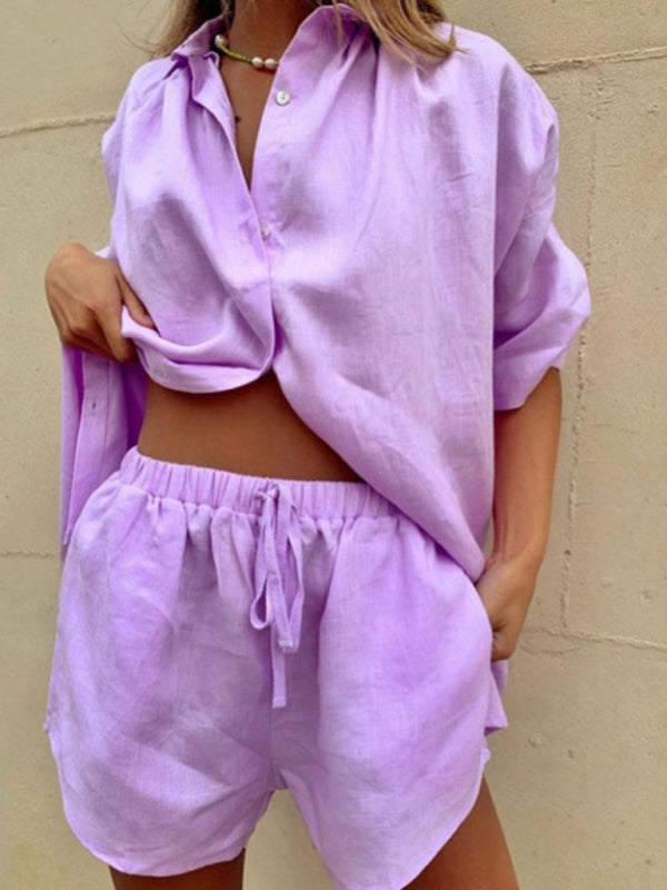Women’s Solid Color Single Breasted Short Sleeve Shirt Shorts Loose Fashion Casual Suit
