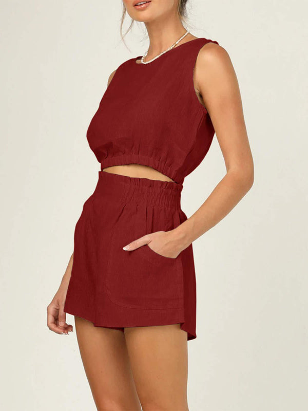 Women’s Solid Color Sleeveless Bolero Casual Fashion High Waist Straight Fit Suit - Wine Red / S