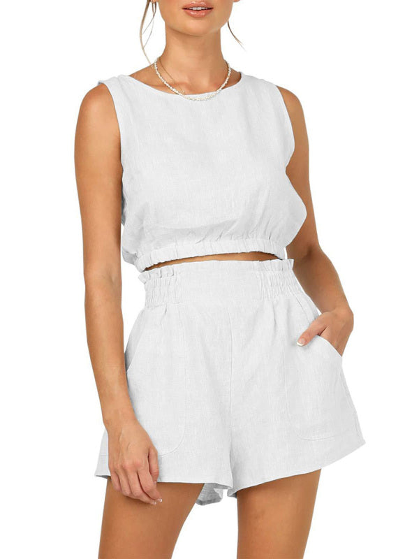 Women’s Solid Color Sleeveless Bolero Casual Fashion High Waist Straight Fit Suit - White / S
