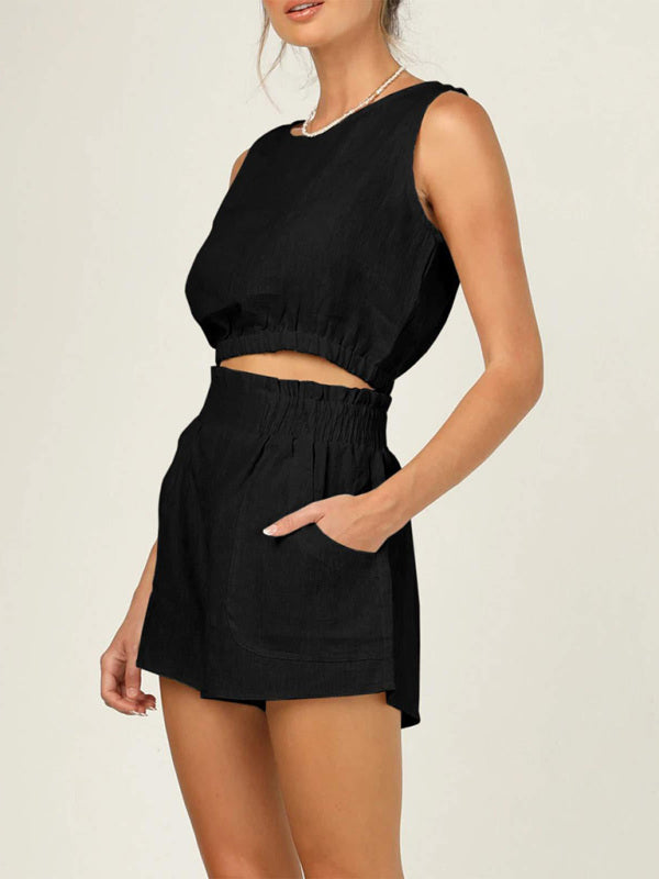 Women’s Solid Color Sleeveless Bolero Casual Fashion High Waist Straight Fit Suit - Black / S
